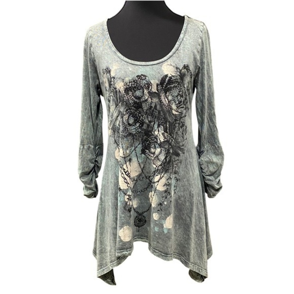 VOCAL Cyber Grunge Y2K Bedazzled Floral Shark Bite Tunic M Green Mineral Wash